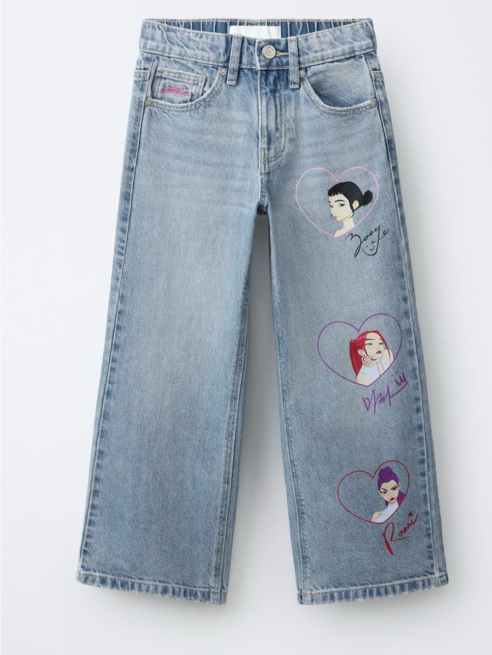 Zara KPOP HUNTRIX Light Blue Wide-Leg Kids Jeans with Character Heart